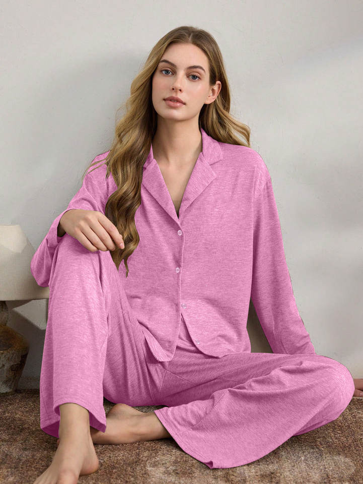 Women Lapel Collar Knit Pajama Set Button Down Long Sleeve Top Wide Leg ...