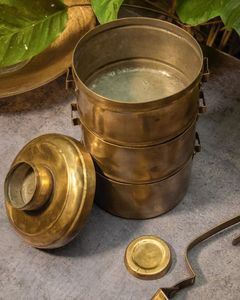 Elegant handcrafted brass tiffin <b>box</b> featuring <b>strong</b> handle and sturdy build perfect for everyday use at work or school - Product Image 4