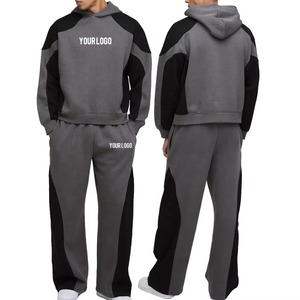Color Block Boxy Man Pantalones de chándal y Sudadera con capucha Conjunto Streetwear Chándal de gran tamaño Heavyweight Fleece Blank Flared Baggy Chándales - Product Image 1