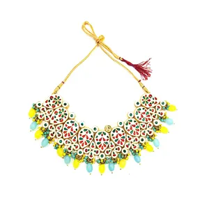 18K Gold Plated Kundan Vintage-style Yellow & Aqua <b>Ruby</b> <b>Necklace</b> Set for Parties & Gifts Includes Ring-Bridal & Fine Jewelry - Product Image 3