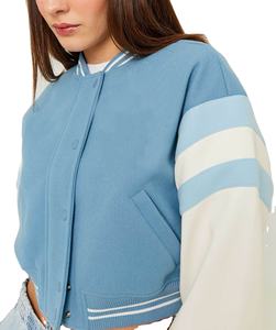 <b>Womens</b> Vintage Letterman Varsity <b>Jacket</b> Crop Genuine <b>Leather</b> Sleeve with Embroidered Wool Body Stand Collar Plain Dyed Canvas - Product Image 2