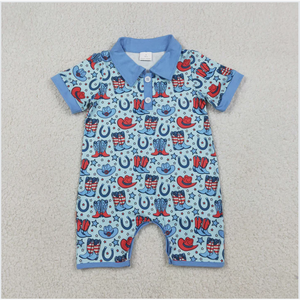 SR3884 4th of July Western <b>Boots</b> Baby Boys Romper - Product Image 2