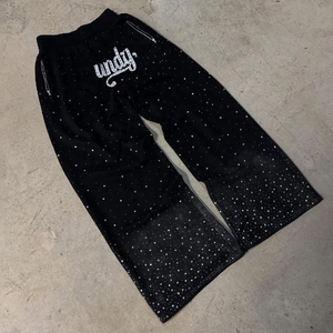 Pantalones de chándal de algodón de invierno de lujo personalizados con lavado ácido, estilo urbano, para hombre, holgados, de pierna ancha, con pedrería. - Product Image 2