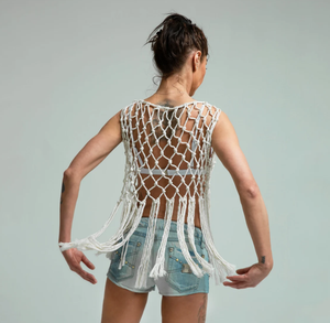 Gilet en macramé couleur Beige, haut à tricoter, Makramee-Kleid, haut en macramé, haut court de plage en macramé pour femme - Product Image 3