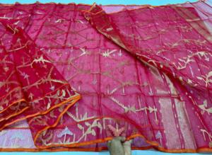 Hot Exclusive Read Deshi Dhakai Jamdani Sharee Tendance pour les femmes JAMDANI TISSU Bleu ROUGE VERT Doré Bleu Ciel Du Bangladesh. - Product Image 3