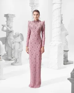 Luxury Blush Pink Mermaid Silhouette Floor-Length Evening Dress Built-in <b>Bra</b> <b>Plus</b> <b>Size</b> Fully Embroidered Silver Crystals - Product Image 1