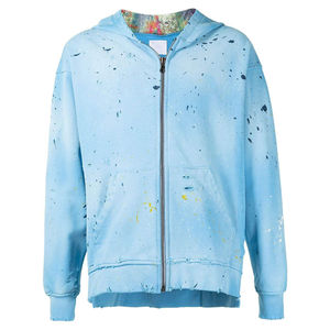 Venta al por mayor 100% algodón polar Streetwear transpirable de gran tamaño hombro caído cómodo hombres de peso pesado cremallera sudaderas con capucha desgastadas - Product Image 1