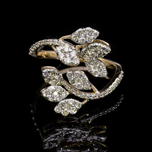 14K Gold Leaf Vine Ring with Natural Round Diamonds in Cluster and Pave Setting for Nature-<b>Inspired</b> Elegant Statement <b>Jewelry</b> - Product Image 1