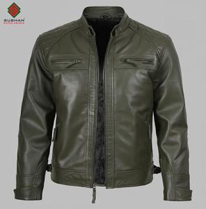 Classic Solid Olive Green Distressed Synthetic <b>Leather</b> Casual Winter <b>Jacket</b> for Men's | Handmade <b>Cafe</b> <b>Racer</b> Biker Style - Product Image 3