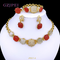 Bijoux vintage pour femmes, ensemble de bijoux en opale colorée, plaqué or 18 carats, ensemble de 4 pièces, collier, boucles d'oreilles, bague, bracelet, vente en gros