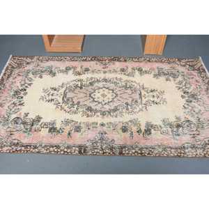 3.8x6.7 ft Vintage Rug, Turkish Rug, <b>Brown</b> Polka dot <b>Wool</b> Rug - Product Image 3