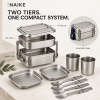 Ensemble de vaisselle compact en acier inoxydable pour deux personnes, vaisselle de camping avec assiettes, tasses, couverts pliables pour les voyages