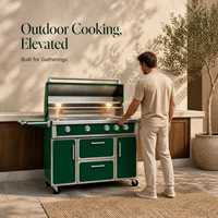 Barbecue à gaz vert émeraude sur chariot en acier inoxydable avec armoire de rangement et roues