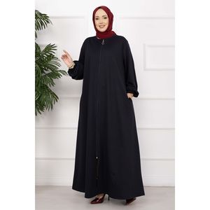 Abaya bleu marine classique à fermeture éclair, style simple, tissu polyester - Product Image 1
