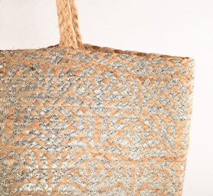 Sac fourre-tout bohème en jute tissé avec motif imprimé doré, sac à main d'été pour femme, sac de plage écologique à fermeture ouverte, sac à bandoulière - Product Image 2