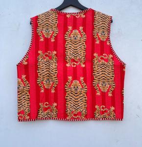 <b>Women's</b> Handmade Quilted Cotton V-Neck Jacket Leopard Print Short Front Open <b>Vest</b> Pullover Closure Stripe Piping <b>Knitted</b> for - Product Image 5