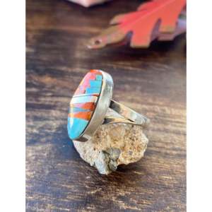 Navajo Handcrafted <b>Turquoise</b> & Opal Sterling Silver Inlay <b>Ring</b> Size 8.25 Fine Jewelry - Product Image 4