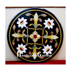 Beautiful Handmade Black Marble Inlay <b>Table</b> Top Round Shape Floral Inlay Design Best quality Material Use <b>Corner</b> <b>Table</b> In Office - Product Image 1