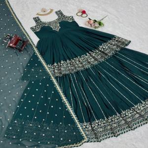 Premium Party Wear Lehenga Suit Front & Back Work Faux Georgette Kurti con Lehenga semicosido y Dupatta bordada - Product Image 5