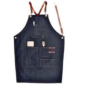 Hot Bán Nhiệm Vụ Nặng Nề Có Thể Điều Chỉnh Làm Việc Cà Phê Đầu Bếp Denim Bông Vải Tạp dề Cho Nam Giới Phụ Nữ Với Túi Cho Nhà Hàng Cắt Tóc