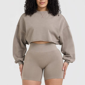 Gran oferta, Sudadera de cuello redondo holgada lisa de punto de manga larga con lavado ácido, ropa de calle Sexy para mujer, sudaderas con capucha recortadas - Product Image 6