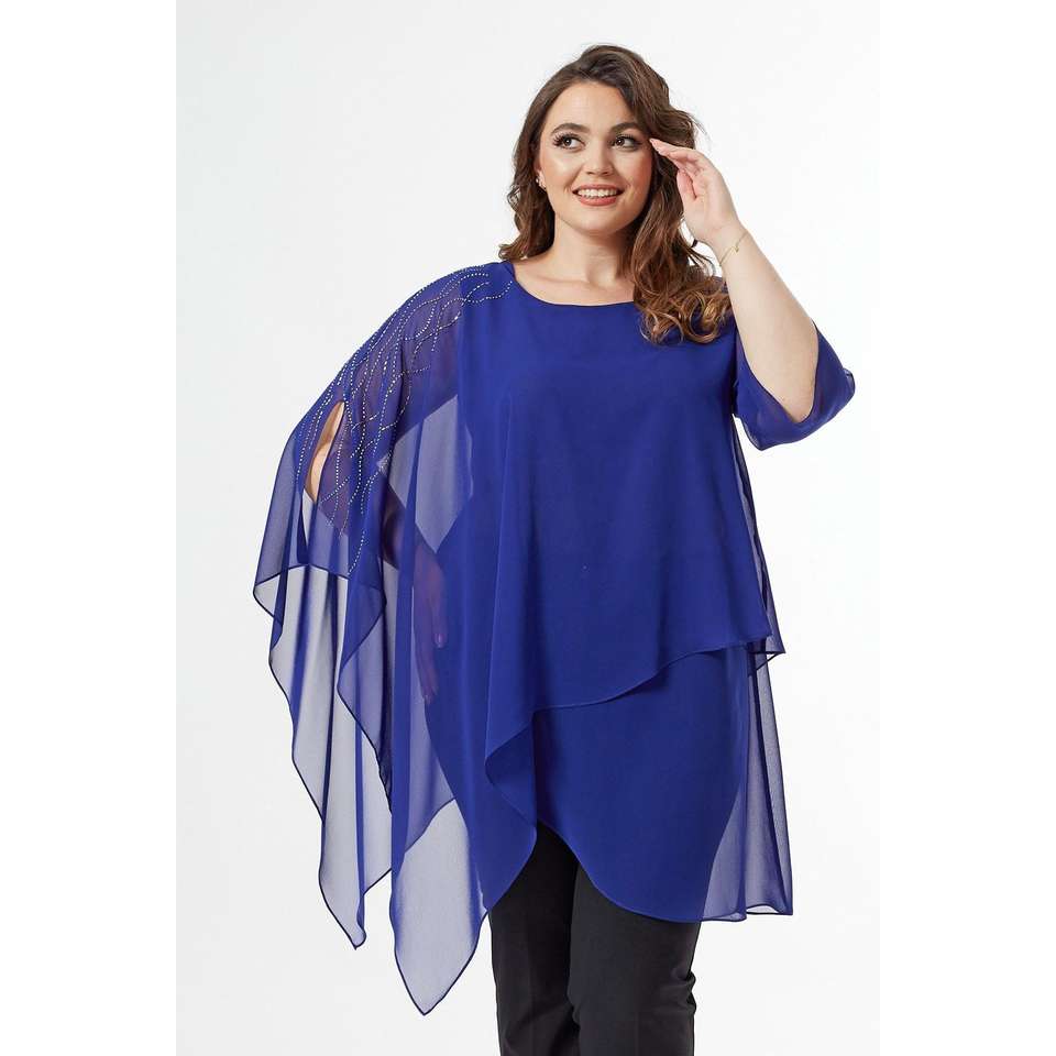 SAX SHOULDER STONE CLOAK SLEEVE LARGE SIZE ELEGANT BLOUSE