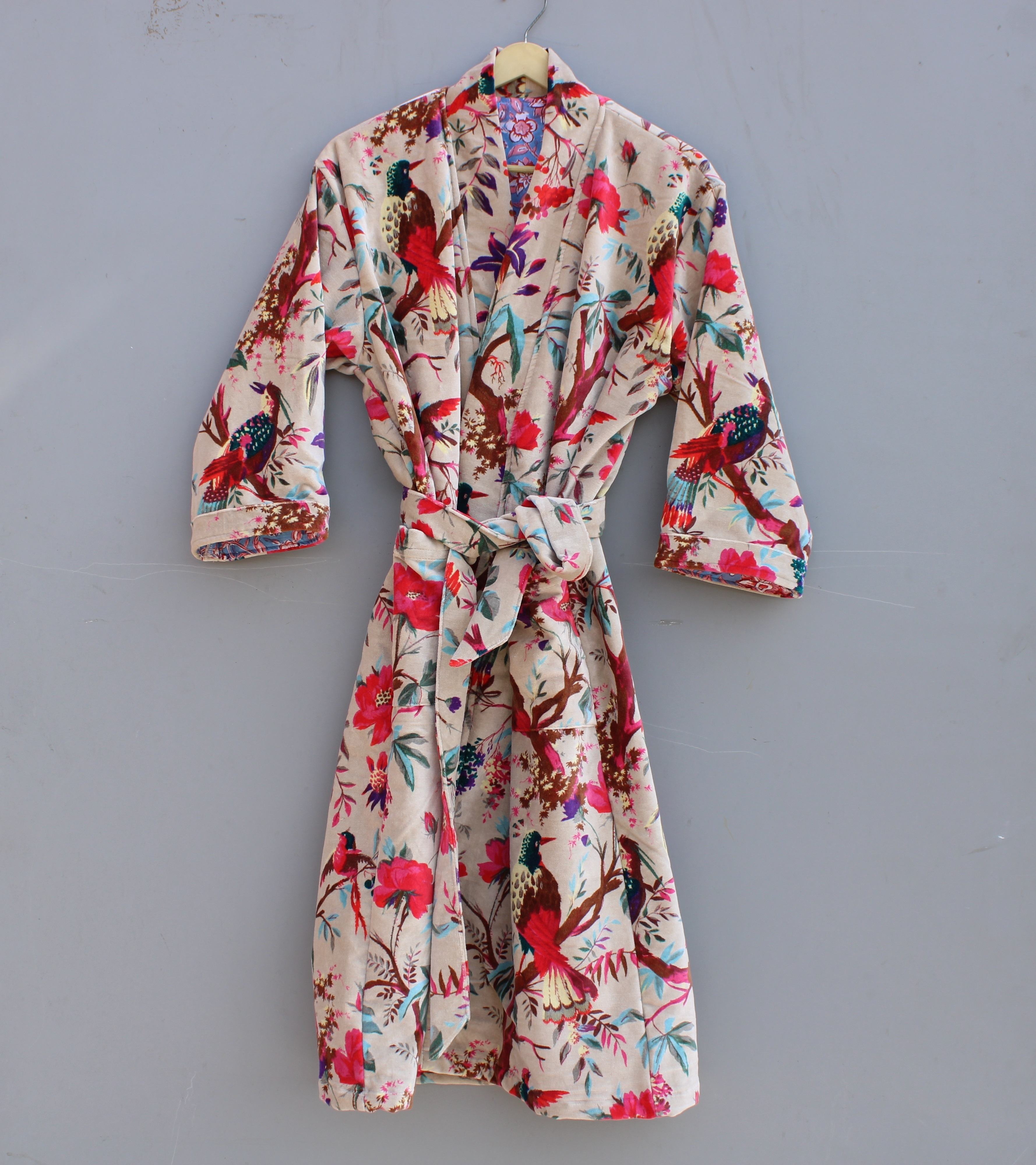 New Arrival Printed Cotton Velvet Kimono Robe Boho-Style Handmade