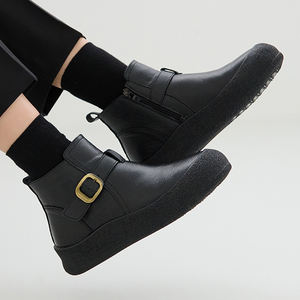 [JSHOE] Bottines à talon compensé en cuir de vache véritable doublées de polaire pour femmes avec sangle à boucle Chaussures de marche confortables pour l'hiver - Product Image 5