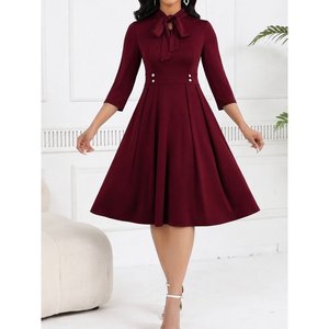 Women's Tuvakar Sleeveless, Neckline-<b>Tie</b> Buttoned Midi Imported Crepe Dress, 37616 - <b>Burgundy</b> - Product Image 2
