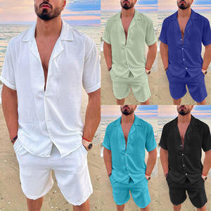 Ensemble 2 pièces en tricot de polyester/coton pour homme |   Chemise décontractée à manches courtes à fleurs + short |   Tenue d'été respirante | - Product Image 6