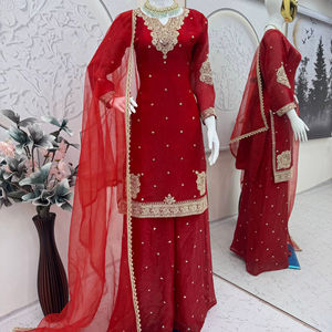 Designer traditionnel ethnique 3 pièces prêt à l'emploi Salwar Kameez Sharara broderie indienne travail fêtes d'été cousu Georgette - Product Image 6