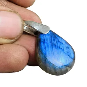 925 Sterling Silver Natural Labradorite Pendants Polished Cabochon Blue Fire Labradorite Stone Silver Necklace Wholesale Jewelry