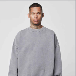 Custom Mock Neck 250gsm 100% Cotton Regular Fit Spring Print Blank Men Acid Wash <b>Crewneck</b> Sweatshirt - Product Image 2