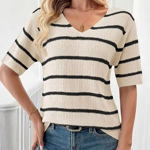 Suéter de manga corta de verano para mujer, camisetas a rayas con cuello en V, camisetas informales holgadas, Top de punto de moda 2025 - Product Image 3
