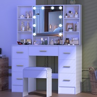 Table de maquillage OEM avec miroir LED éclairé, 7 tiroirs, multiples compartiments et tabouret inclus