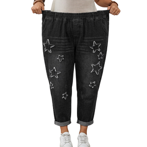 Womens Black Denim Jogger Pants Appliques Mid <b>Elastic</b> <b>Waist</b> Casual Streetwear Regular Breathable Washed Everyday Wear Wholesale - Product Image 5