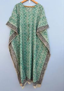 Bagru imprimé vert coton caftan pour femmes confortable décontracté longueur au sol Maxi robe pour les fêtes vêtements de nuit été couverture Ups Maxi - Product Image 5
