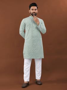 Men's Silk Kurta Collection Heavy Rayon with Lucknowi <b>Work</b> and <b>Mate</b> Sequence Traditional Wear for Parties - Product Image 6