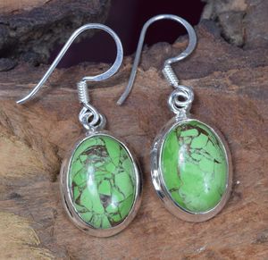 Boucles d'oreilles en argent sterling avec turquoise cuivre vert, faites à la main, ovales, pierres précieuses naturelles, bijoux cadeau pour femmes - Product Image 5