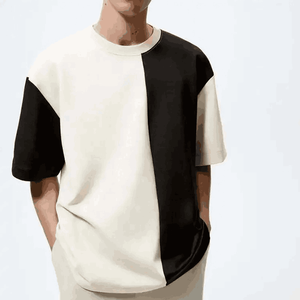 Camiseta de gran tamaño Unisex de algodón 100% de peso pesado, camiseta con dobladillo crudo asimétrico con costuras empalmadas para hombre con estampado gráfico personalizado - Product Image 5