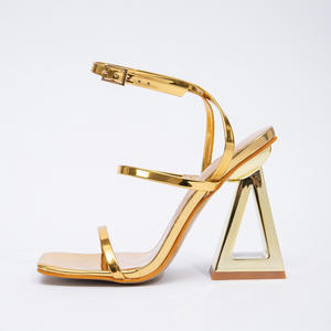 Sandales à lanières dorées de style européen, talon de 11 cm, bout ouvert, sexy, rehaussées, bout carré, confortables, style romain - Product Image 5