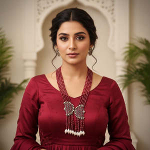 Collar de cuentas Moh Tribal Tales, clásico, vintage, religioso, para boda, con cadena chapada en oro, cuerno, madera, cobre y perlas en forma de bola. - Product Image 1