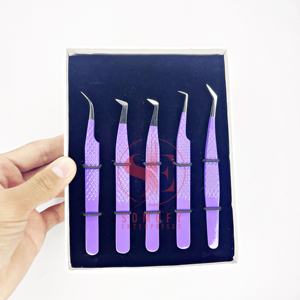 Pince à épiler professionnelle d'extension de cils Durable en acier inoxydable violet de haute qualité Logo personnalisé pointe de Fiber de Volume incurvée - Product Image 5