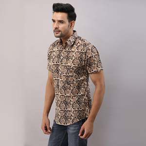 Men's Casual Brown Cotton Floral <b>Shirt</b> Breathable Poplin Fabric <b>Button</b>-Up Collar Stand Collar Sizes XL 6XL for Office Wear - Product Image 3