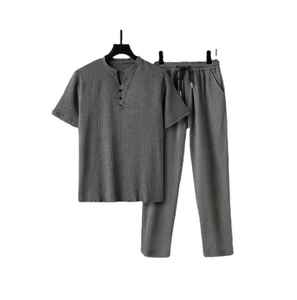Ensemble de lin de la dynastie Tang grand haut à demi-manches costumes en lin de coton de haute qualité été mince soie glacée tricot pour hommes impression numérique - Product Image 1