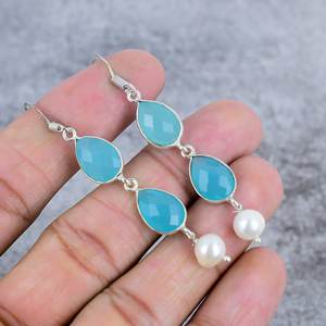 Pendientes colgantes de plata de ley 925 con perlas de Calcedonia Aqua, piedras preciosas con forma de pera a la moda para fiesta de boda, regalo para mujer - Product Image 1