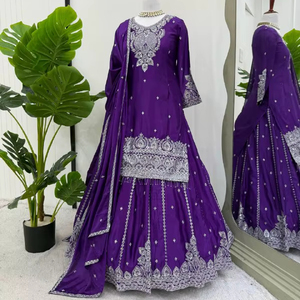 Vestido Largo Vintage con Estampado Floral, Cintura Natural, Lahenga Dupatta con Elegante Bordado de Seda Chinon, Vestidos Casuales - Product Image 1