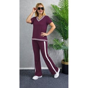 Conjunto de Dos Piezas para Mujer, Blusa de Manga Corta con Cuello en V de Viscosa de Dos Hilos y Pantalones, 35484 - Borgoña - Product Image 2