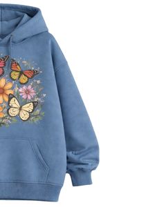Ensemble sweat-shirt à capuche et pantalon de jogging imprimé papillon bleu floral pour femme, sweat-shirt en molleton avec pantalon assorti, tenue décontractée d'hiver - Product Image 3