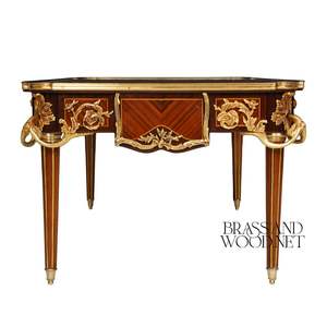 Table basse rectangulaire de luxe avec marqueterie florale artisanale et accents en laiton doré orné pour salons classiques - Product Image 6